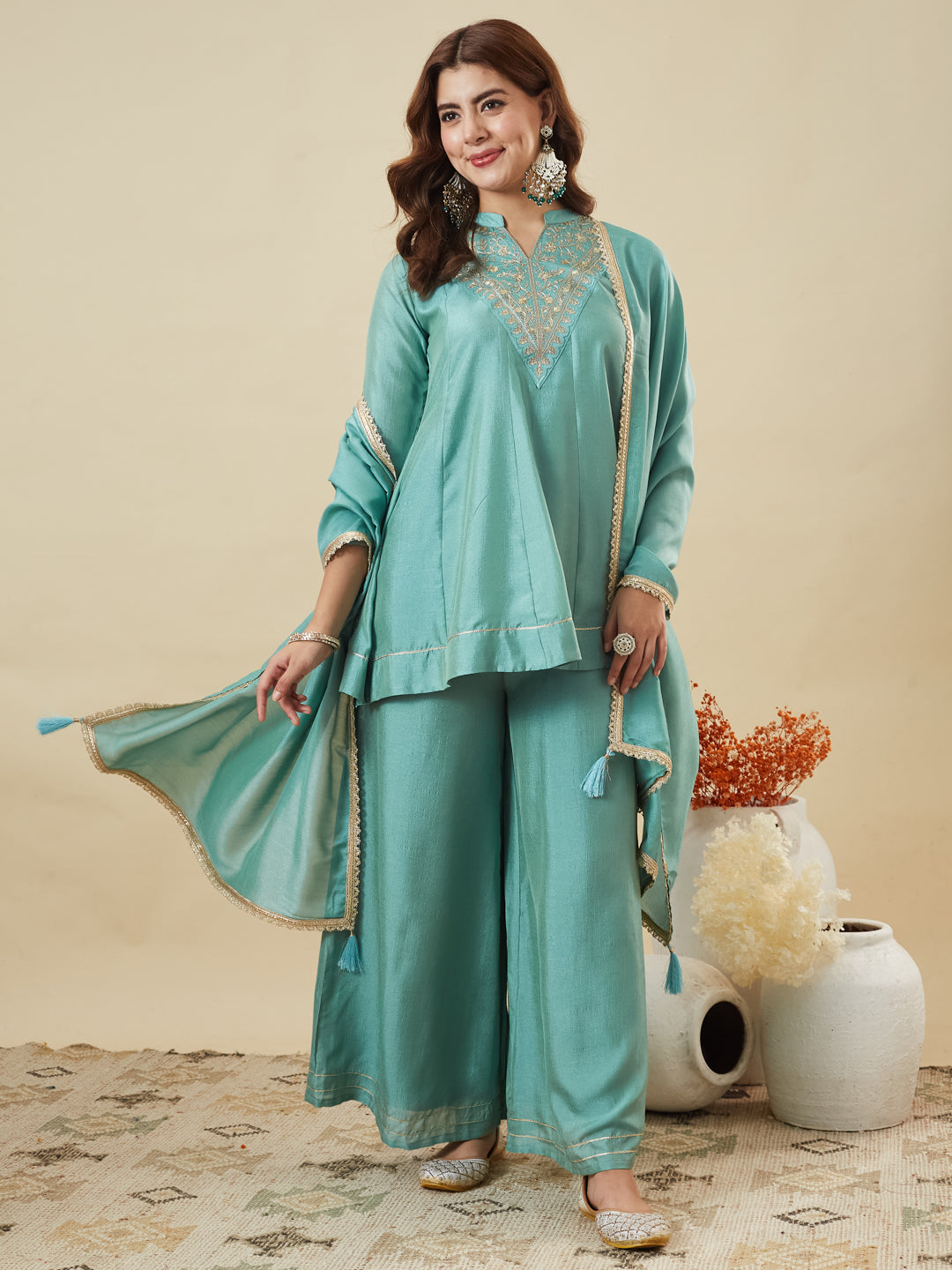 Dwija Fashion Short Kurti Vichitra Silk Embroidered Turquoise Blue Color Kurti With Palazzo And Dupatta | Grocsy