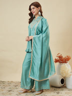 Dwija Fashion Short Kurti Vichitra Silk Embroidered Turquoise Blue Color Kurti With Palazzo And Dupatta | Grocsy