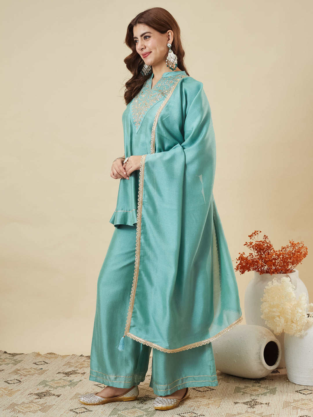 Dwija Fashion Short Kurti Vichitra Silk Embroidered Turquoise Blue Color Kurti With Palazzo And Dupatta | Grocsy