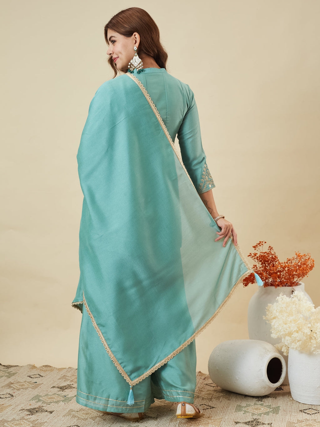 Dwija Fashion Short Kurti Vichitra Silk Embroidered Turquoise Blue Color Kurti With Palazzo And Dupatta | Grocsy