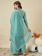 Dwija Fashion Short Kurti Vichitra Silk Embroidered Turquoise Blue Color Kurti With Palazzo And Dupatta | Grocsy