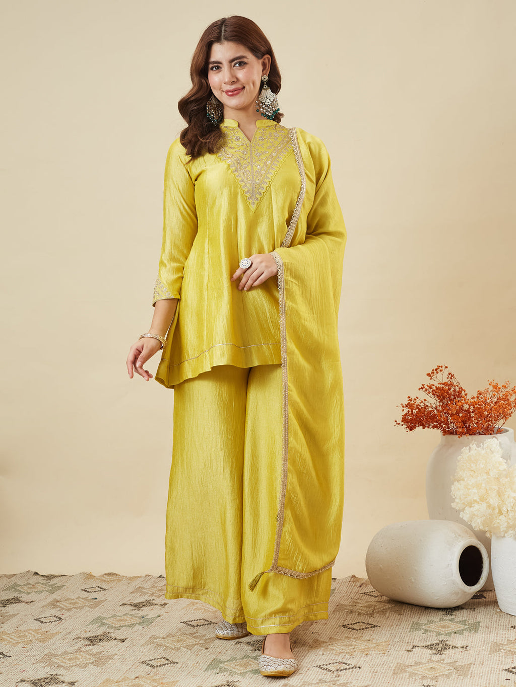 Dwija Fashion Short Kurti Vichitra Silk Embroidered Yellow Color Kurti With Palazzo And Dupatta | Grocsy