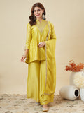 Dwija Fashion Short Kurti Vichitra Silk Embroidered Yellow Color Kurti With Palazzo And Dupatta | Grocsy