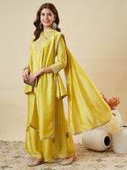 Dwija Fashion Short Kurti Vichitra Silk Embroidered Yellow Color Kurti With Palazzo And Dupatta | Grocsy