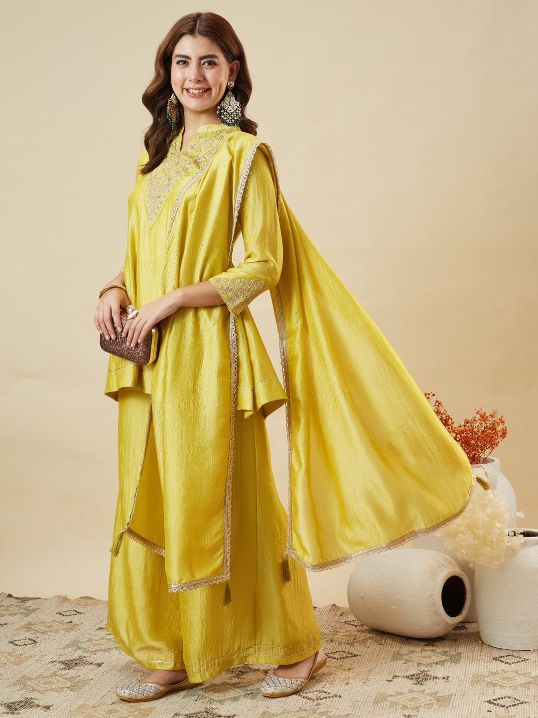 Dwija Fashion Short Kurti Vichitra Silk Embroidered Yellow Color Kurti With Palazzo And Dupatta | Grocsy