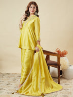 Dwija Fashion Short Kurti Vichitra Silk Embroidered Yellow Color Kurti With Palazzo And Dupatta | Grocsy