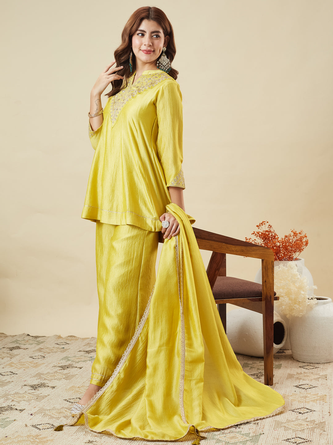 Dwija Fashion Short Kurti Vichitra Silk Embroidered Yellow Color Kurti With Palazzo And Dupatta | Grocsy