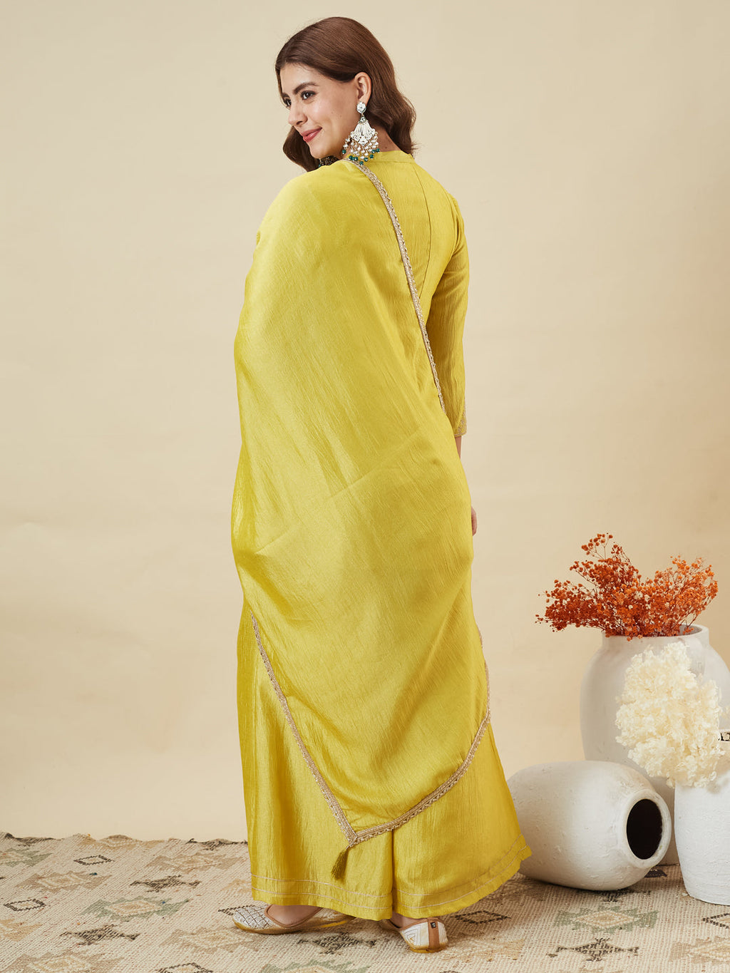Dwija Fashion Short Kurti Vichitra Silk Embroidered Yellow Color Kurti With Palazzo And Dupatta | Grocsy
