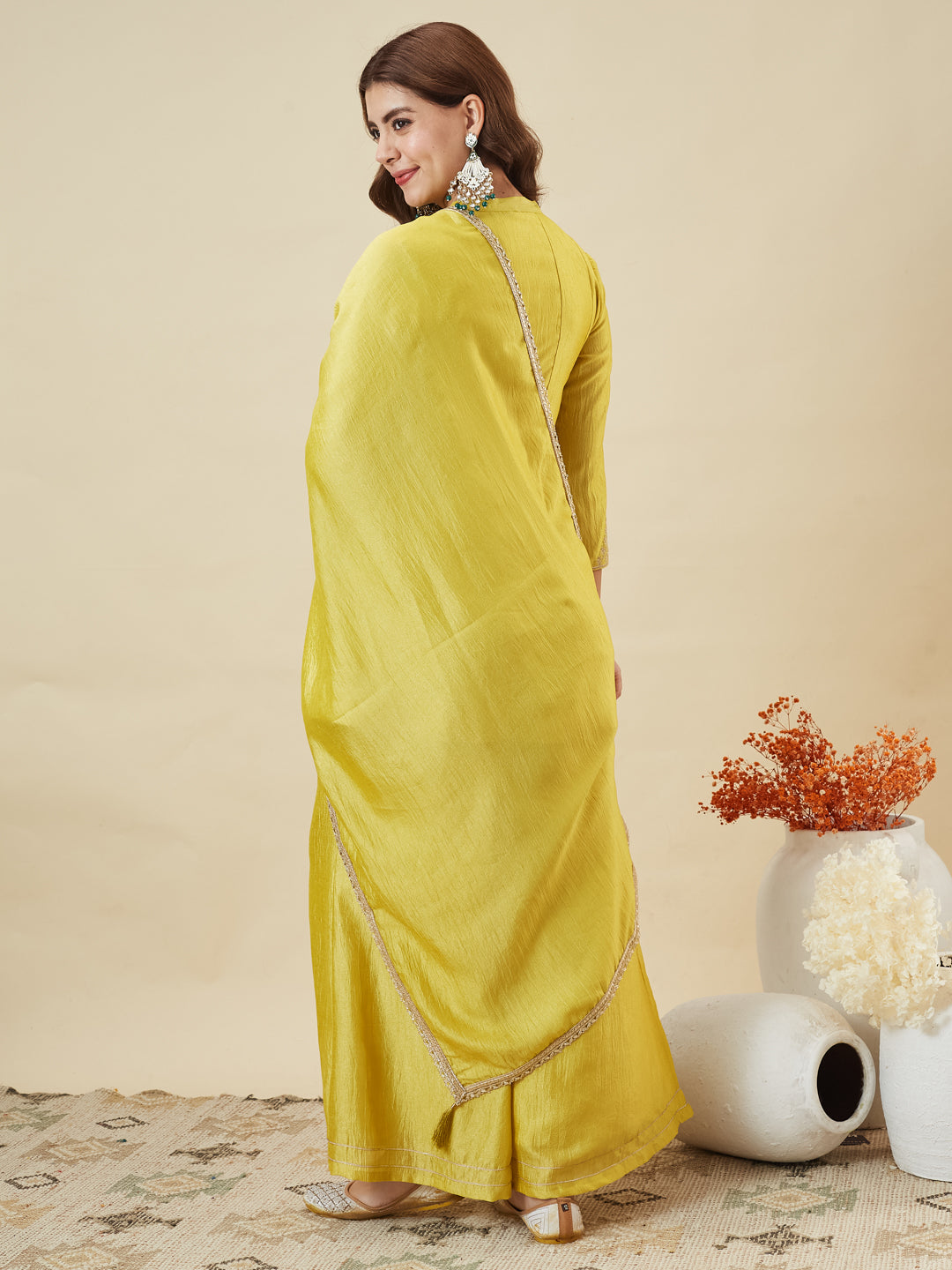 Dwija Fashion Short Kurti Vichitra Silk Embroidered Yellow Color Kurti With Palazzo And Dupatta | Grocsy