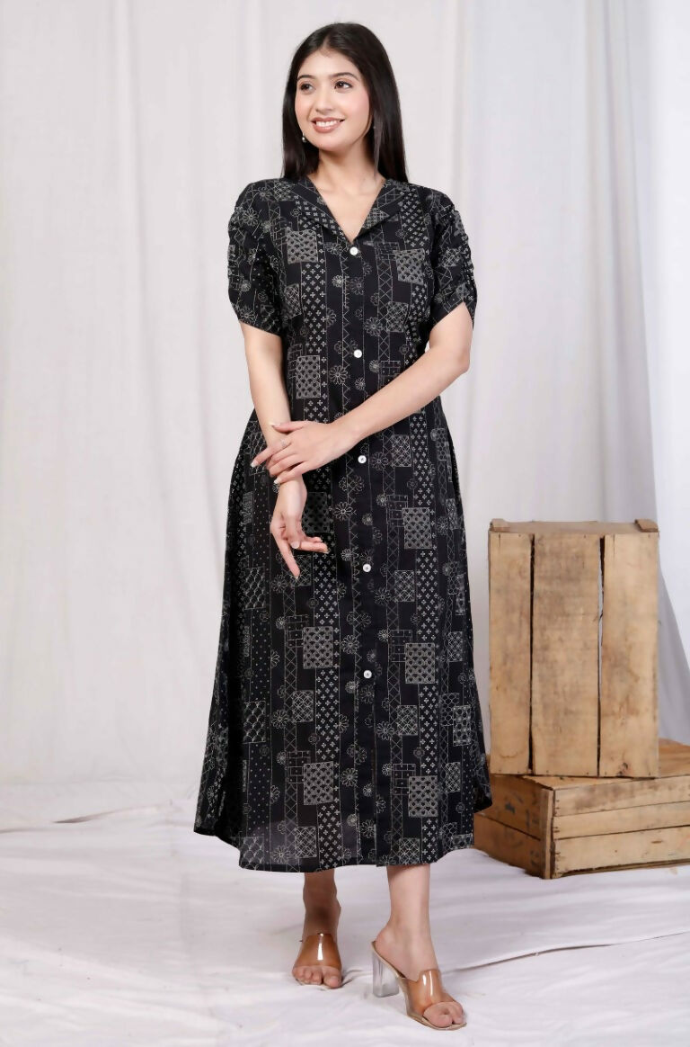 Miravan Women's Pure Cotton Black Floral Printed Front Button A-Line Midi Dress | Grocsy