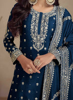 Vastranavya Glamorous Blue Chinon Palazzo Suit With Intricate Sequins Embroidery Work with Dupatta | Grocsy