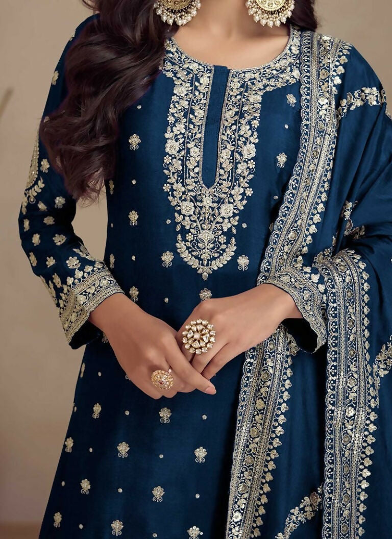 Vastranavya Glamorous Blue Chinon Palazzo Suit With Intricate Sequins Embroidery Work with Dupatta | Grocsy