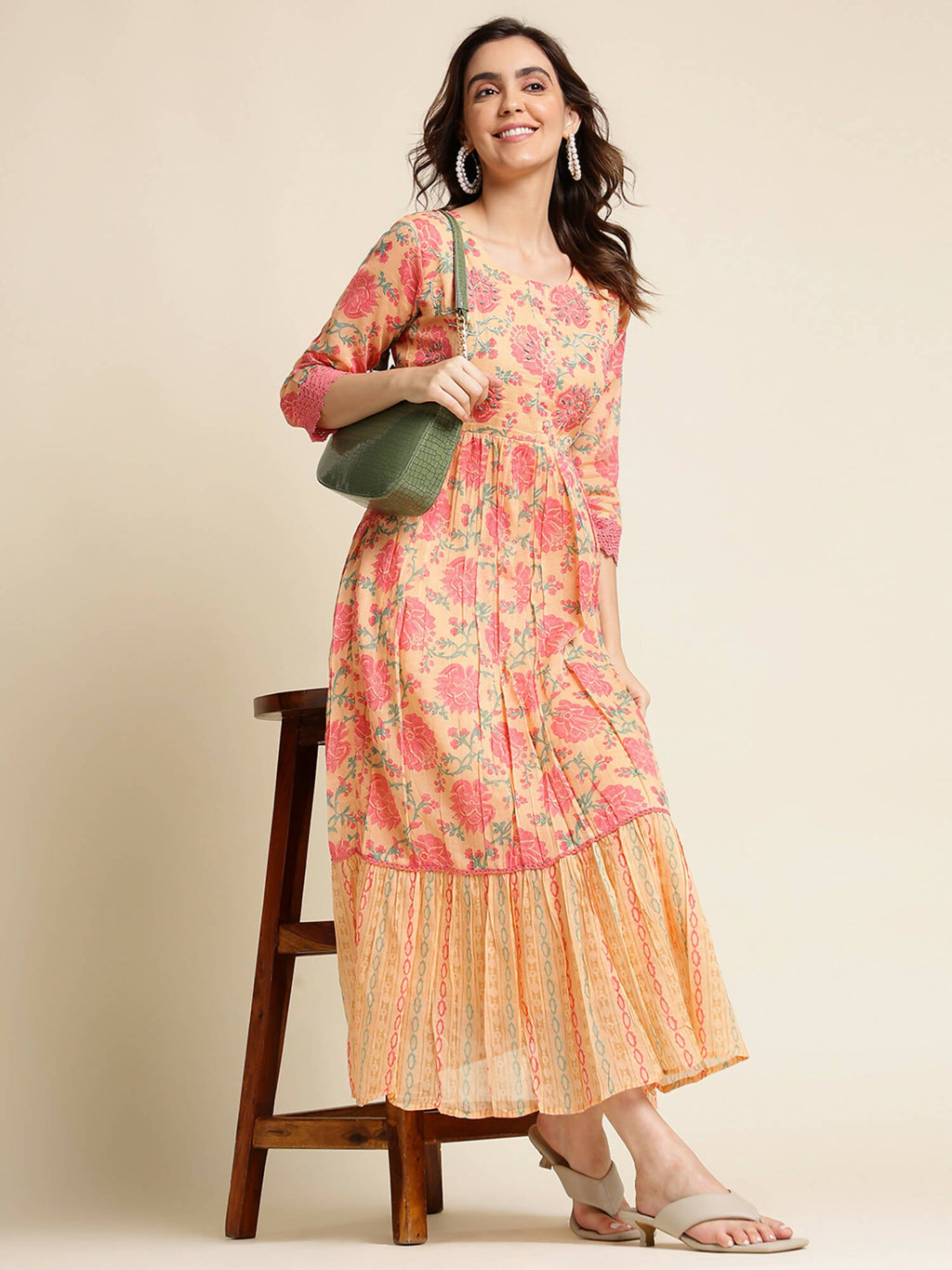Peach Cotton Floral Printed Fit & Flare Dress - Yukti | Grocsy