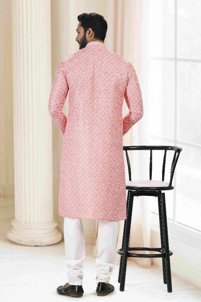 Raivat Ethnic Cotton Thread Work Kurta Pajama In Orange Colour | Grocsy