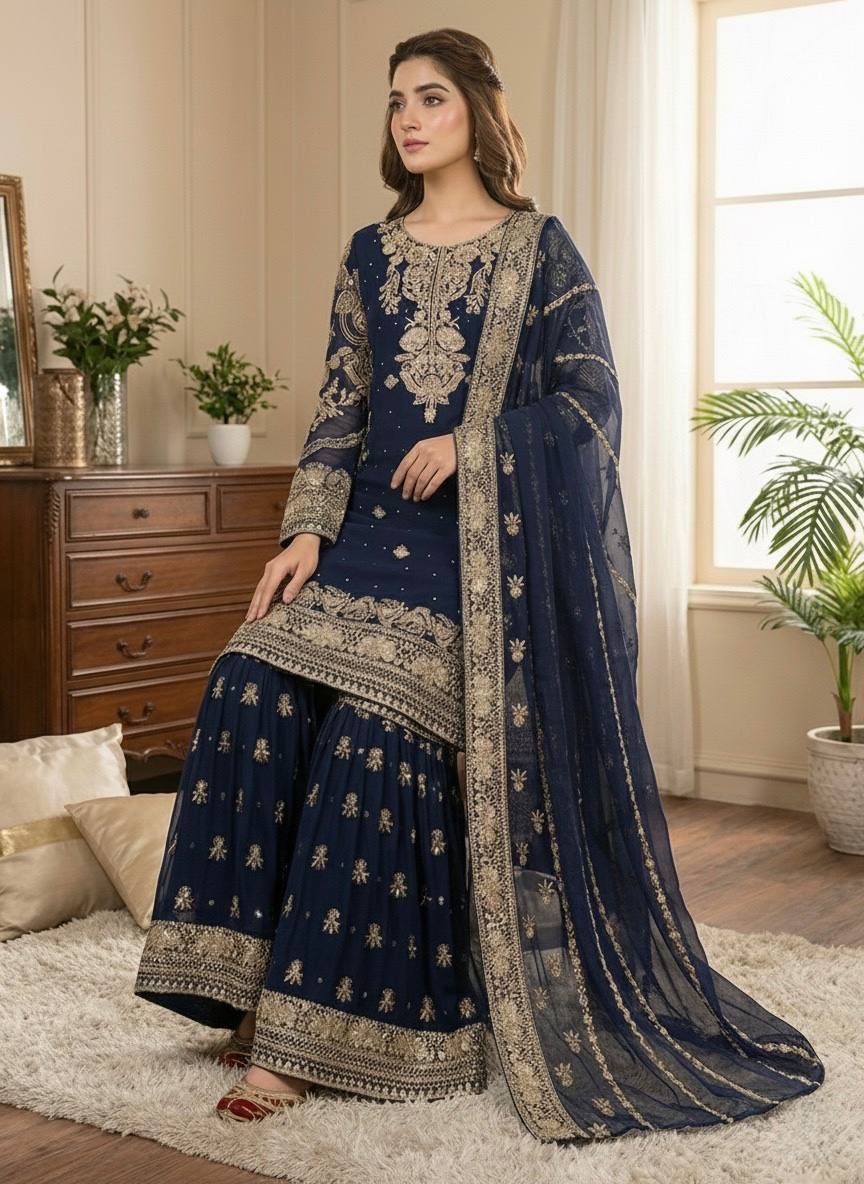 Prazu Fashion Navy Blue Georgette Embroidered Sequins Sharara Suit | Grocsy