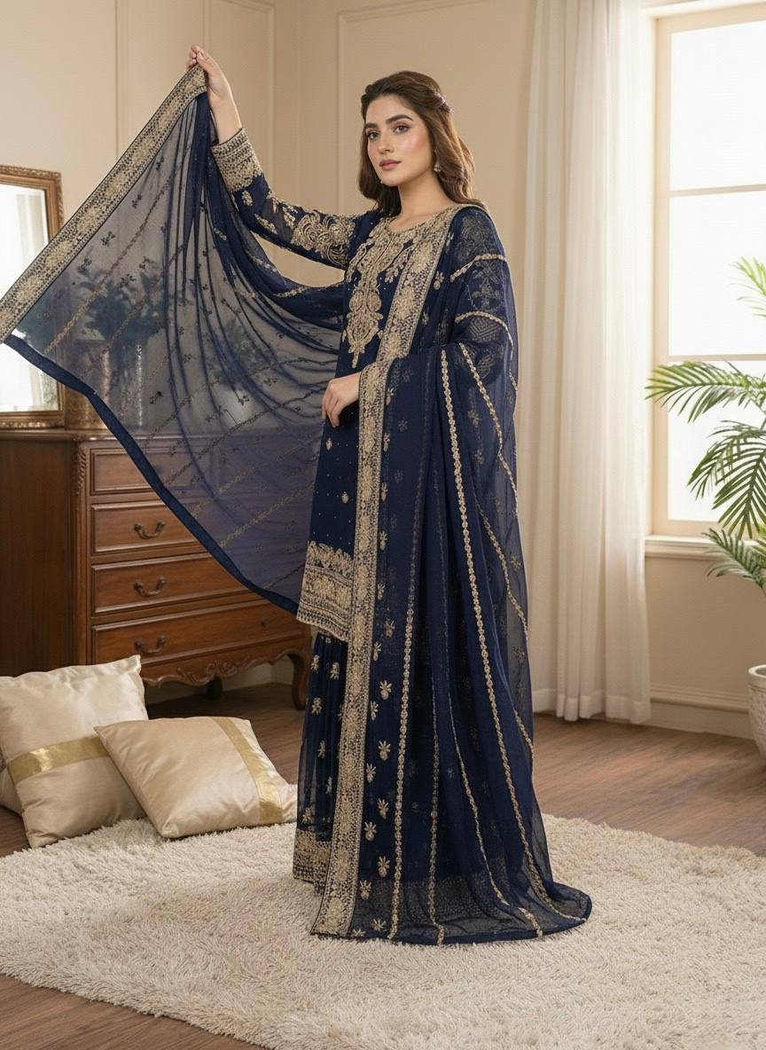 Prazu Fashion Navy Blue Georgette Embroidered Sequins Sharara Suit | Grocsy