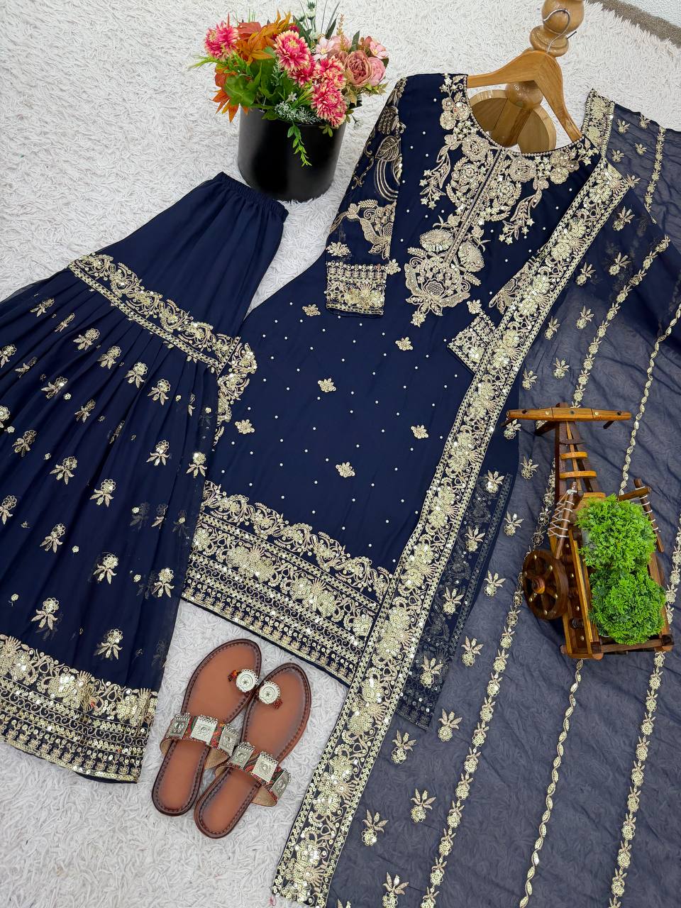 Prazu Fashion Navy Blue Georgette Embroidered Sequins Sharara Suit | Grocsy