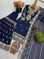 Prazu Fashion Navy Blue Georgette Embroidered Sequins Sharara Suit | Grocsy