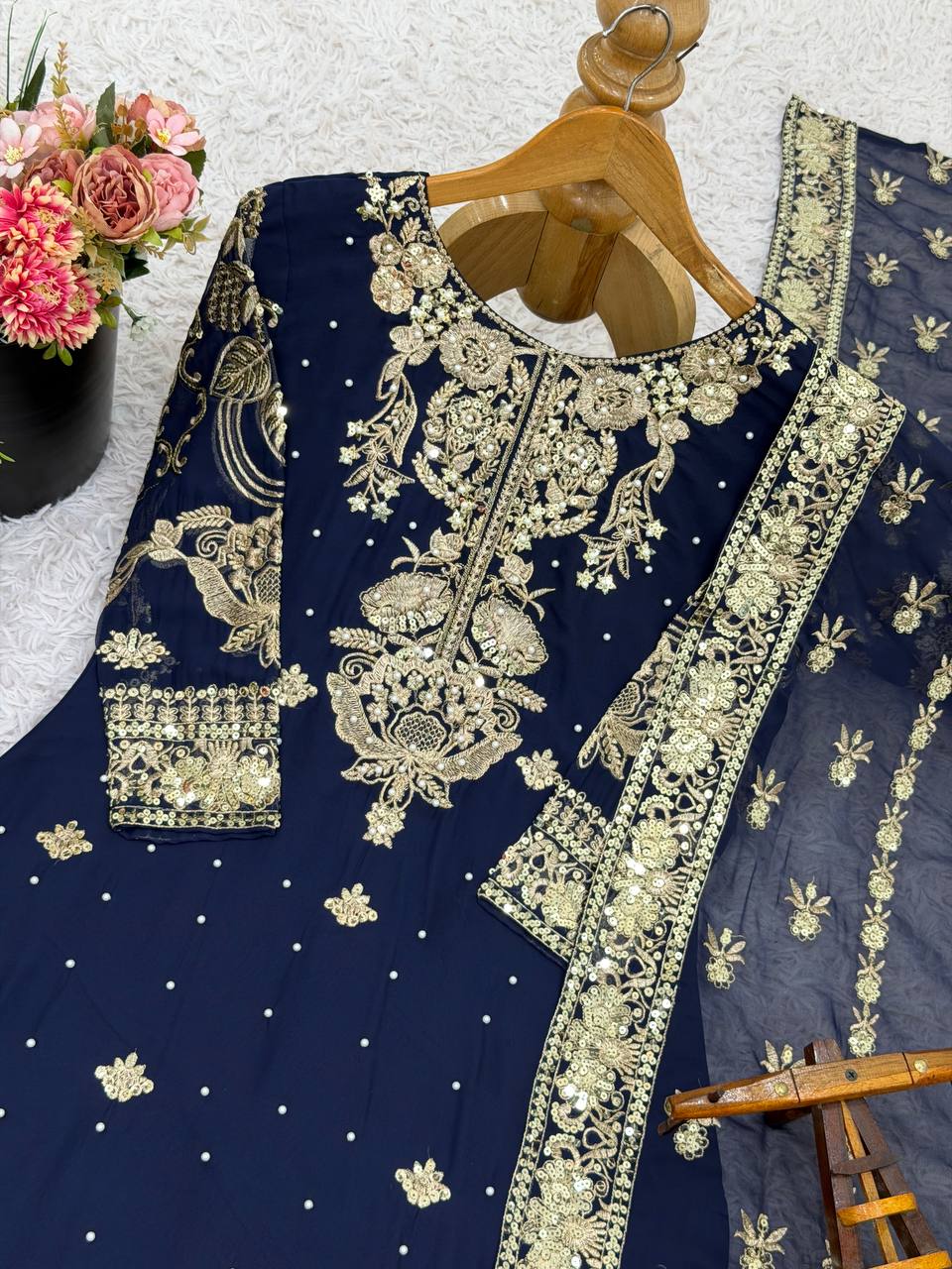 Prazu Fashion Navy Blue Georgette Embroidered Sequins Sharara Suit | Grocsy