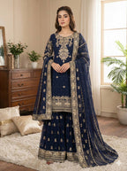 Prazu Fashion Navy Blue Georgette Embroidered Sequins Sharara Suit | Grocsy