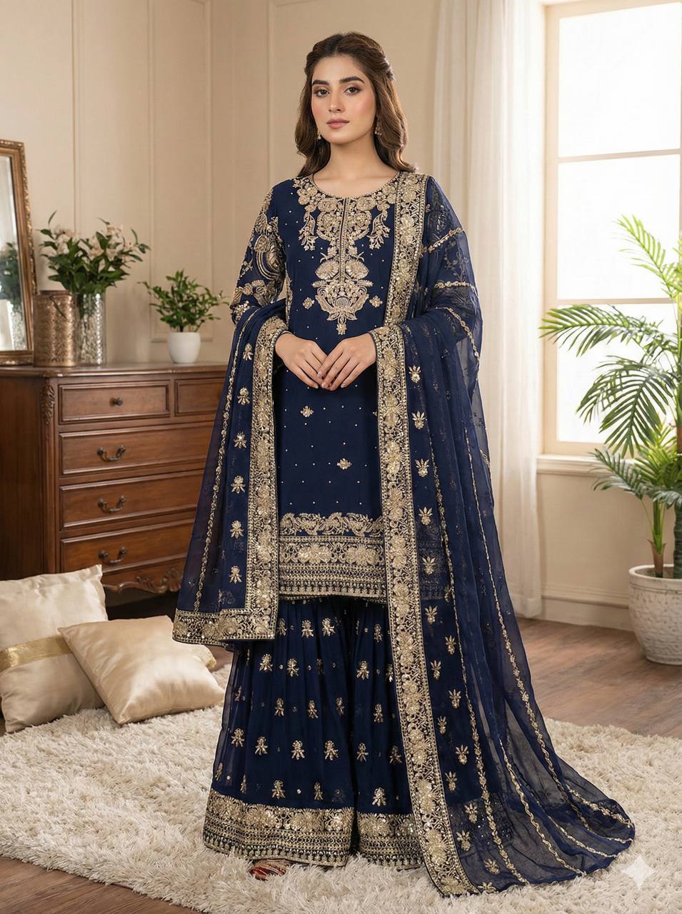 Prazu Fashion Navy Blue Georgette Embroidered Sequins Sharara Suit | Grocsy