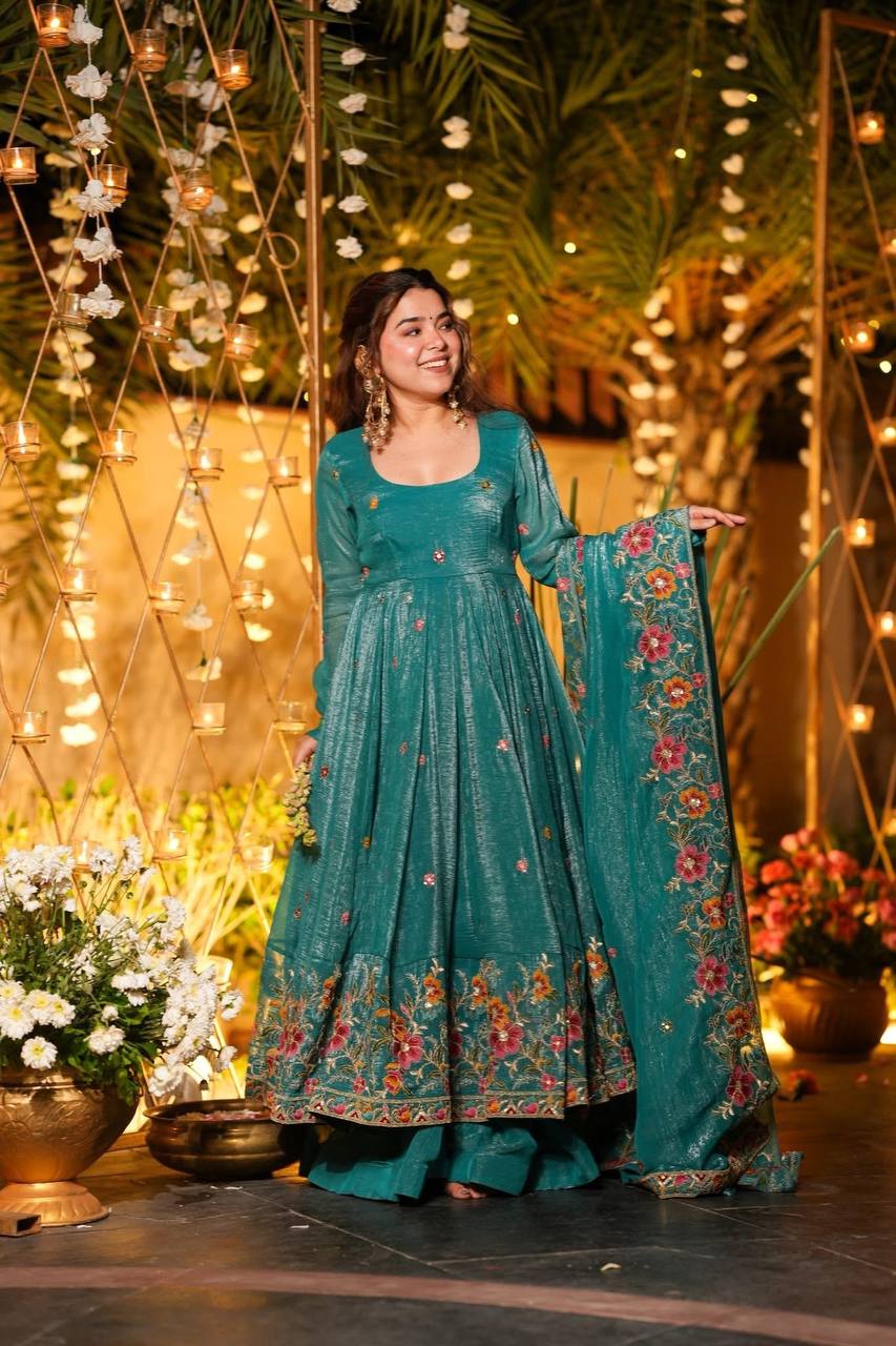 Prazu Fashion Blue Crunchy Silk With Embroidery Sequins Work Palazzo Suit | Grocsy