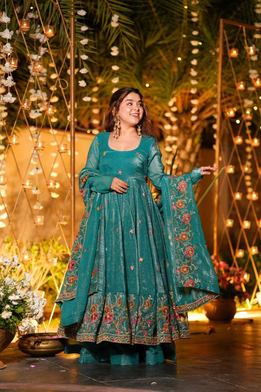 Prazu Fashion Blue Crunchy Silk With Embroidery Sequins Work Palazzo Suit | Grocsy