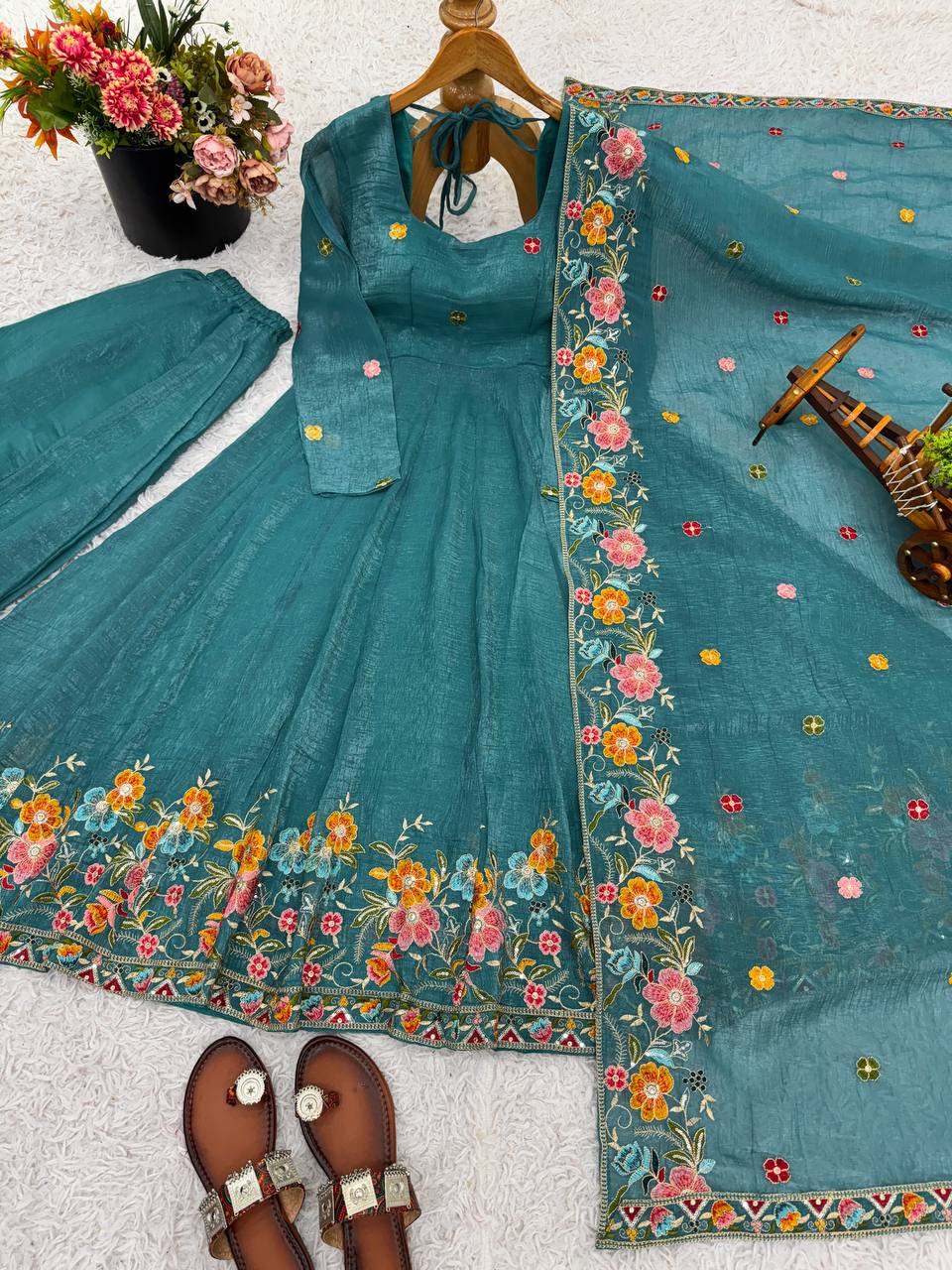 Prazu Fashion Blue Crunchy Silk With Embroidery Sequins Work Palazzo Suit | Grocsy