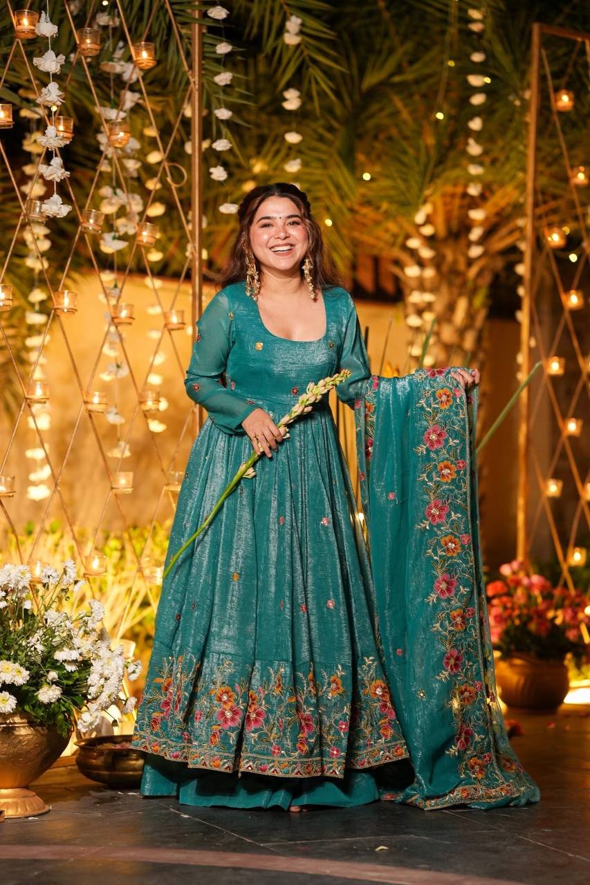 Prazu Fashion Blue Crunchy Silk With Embroidery Sequins Work Palazzo Suit | Grocsy