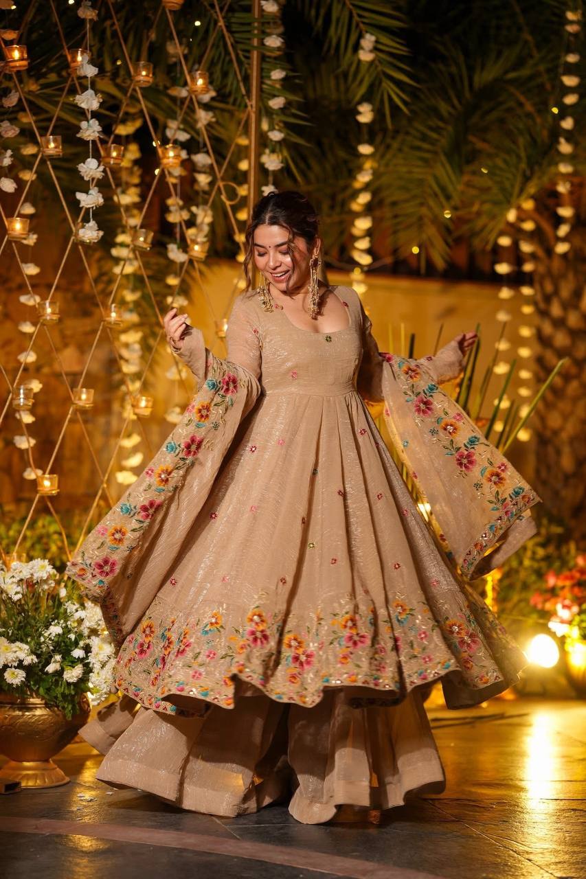 Prazu Fashion Cream Crunchy Silk With Embroidery Sequins Work Palazzo Suit | Grocsy