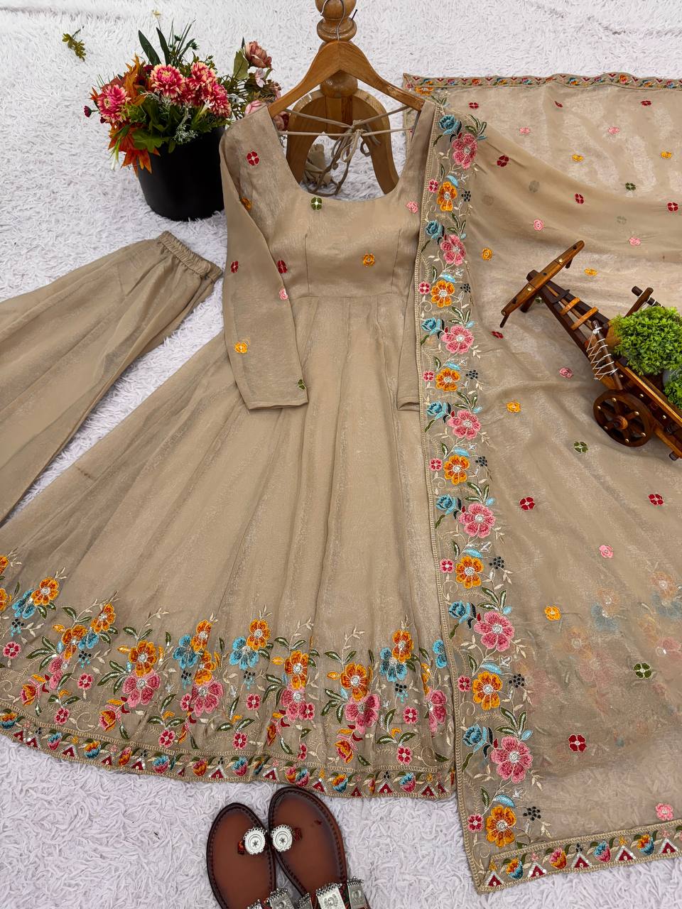 Prazu Fashion Cream Crunchy Silk With Embroidery Sequins Work Palazzo Suit | Grocsy