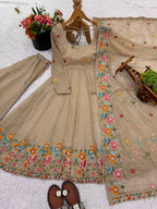 Prazu Fashion Cream Crunchy Silk With Embroidery Sequins Work Palazzo Suit | Grocsy