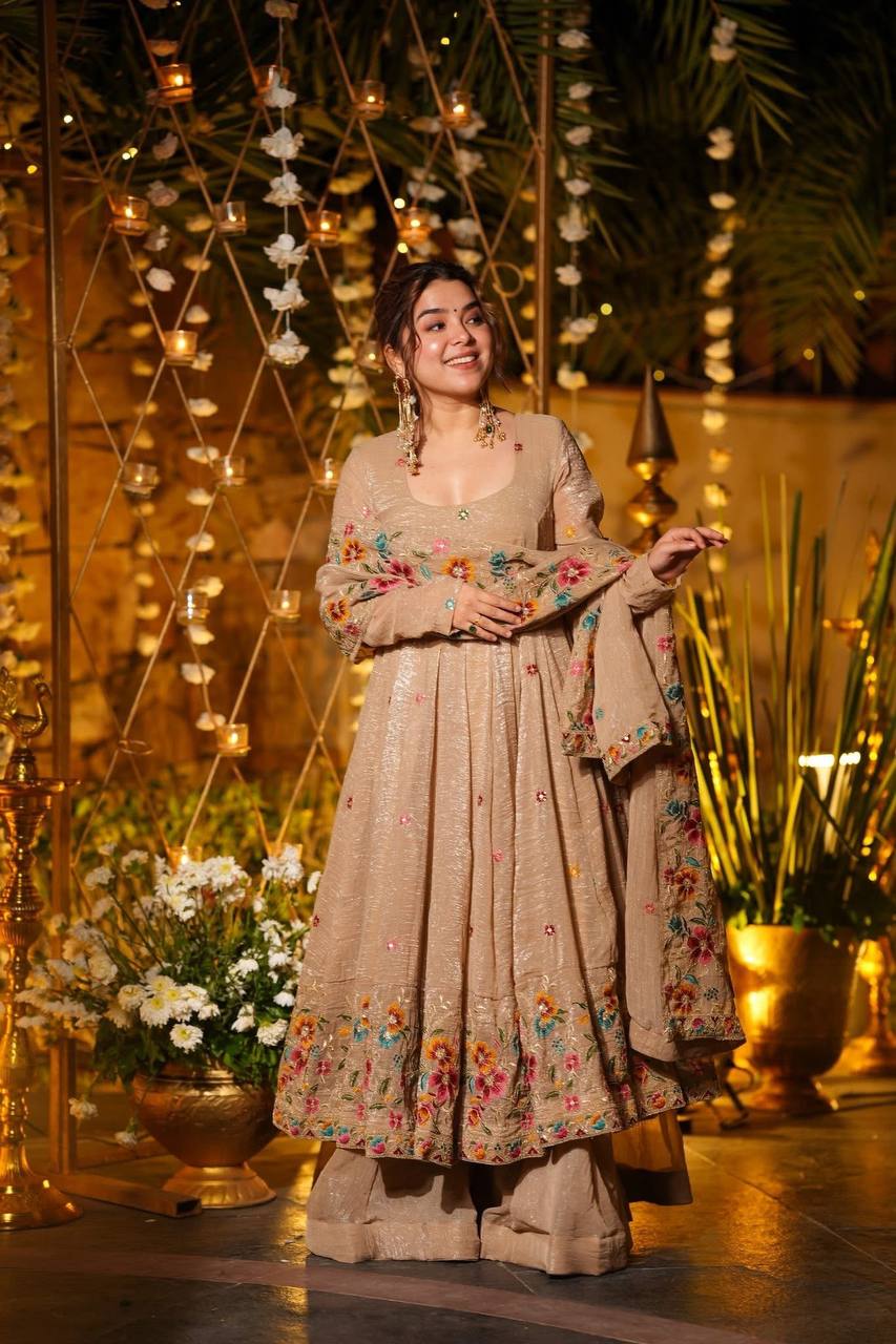 Prazu Fashion Cream Crunchy Silk With Embroidery Sequins Work Palazzo Suit | Grocsy