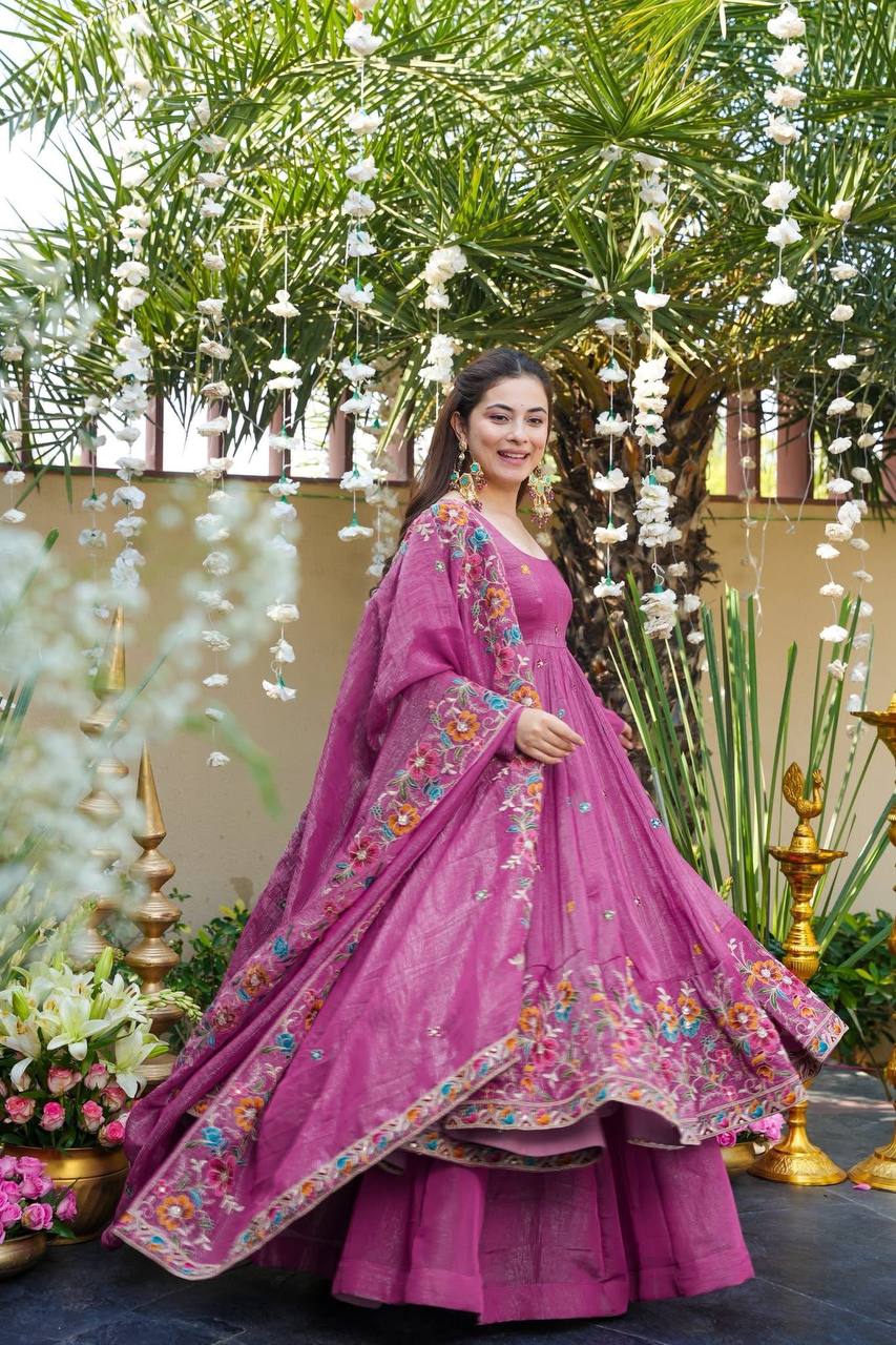 Prazu Fashion Onion Pink Crunchy Silk With Embroidery Sequins Work Palazzo Suit | Grocsy