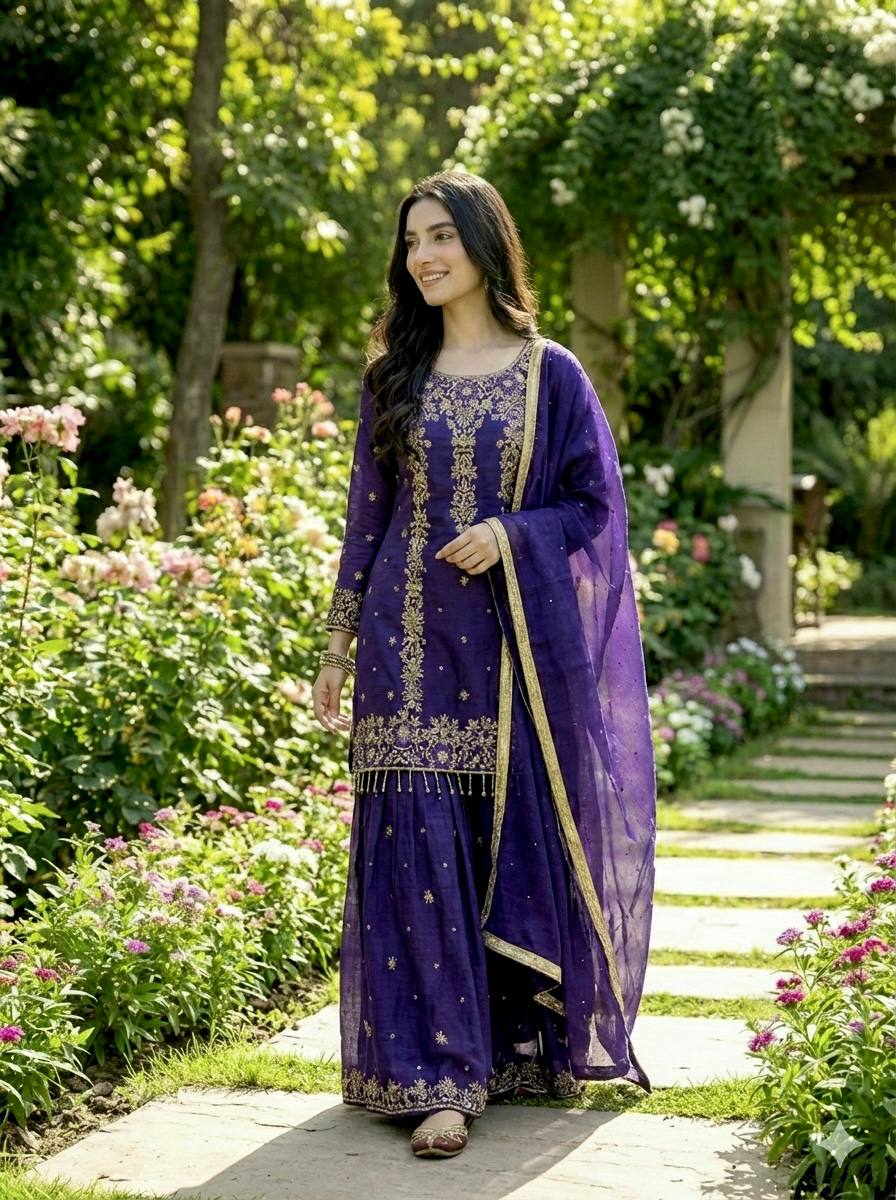 Prazu Fashion Blue Silk Embroidered With Sequence Sharara Suit | Grocsy
