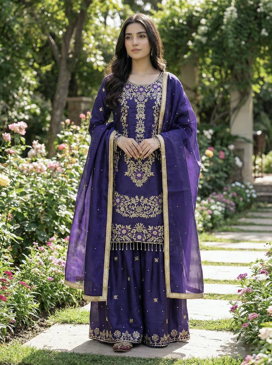 Prazu Fashion Blue Silk Embroidered With Sequence Sharara Suit | Grocsy