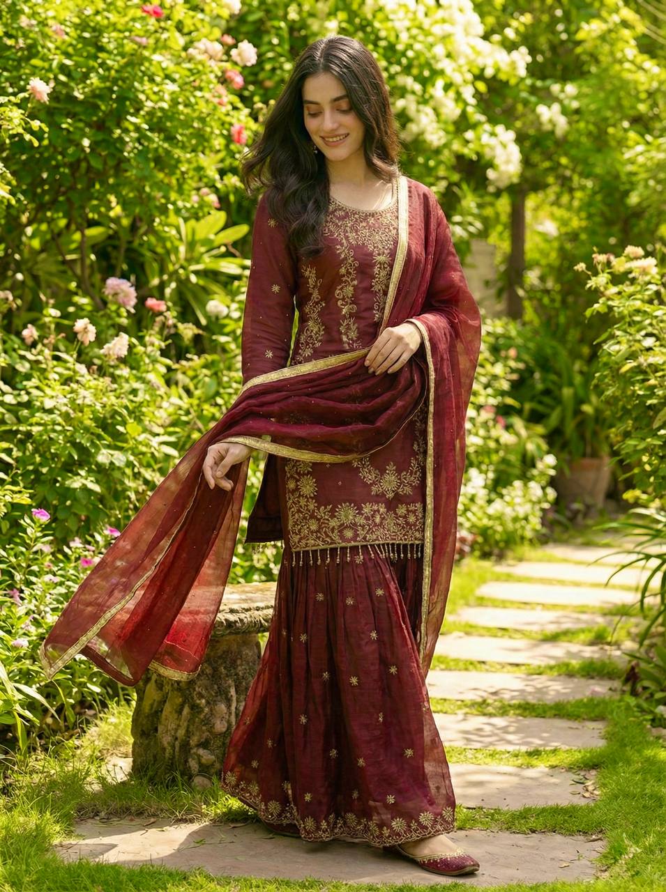Prazu Fashion Maroon Silk Embroidered With Sequence Sharara Suit | Grocsy