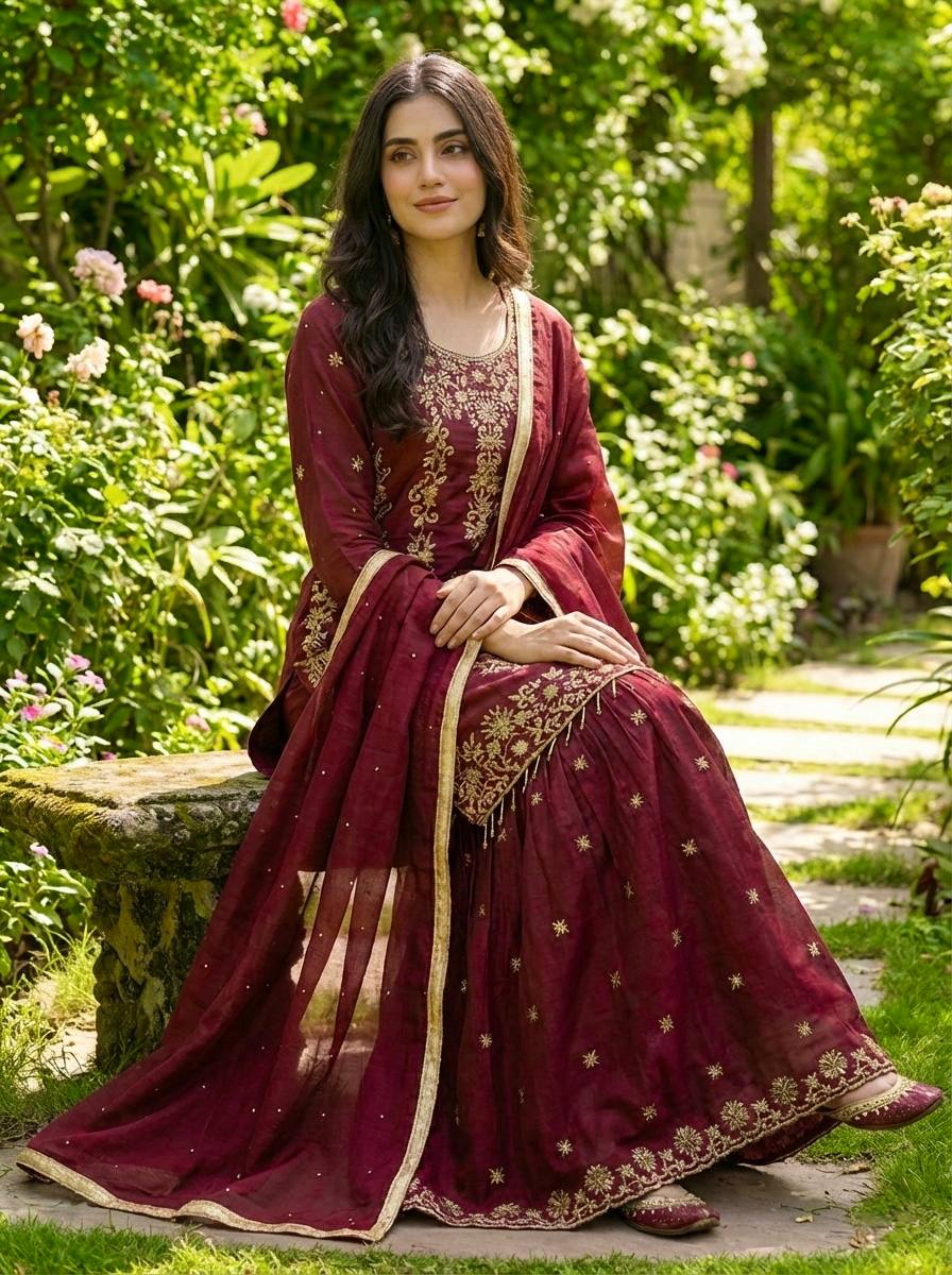 Prazu Fashion Maroon Silk Embroidered With Sequence Sharara Suit | Grocsy