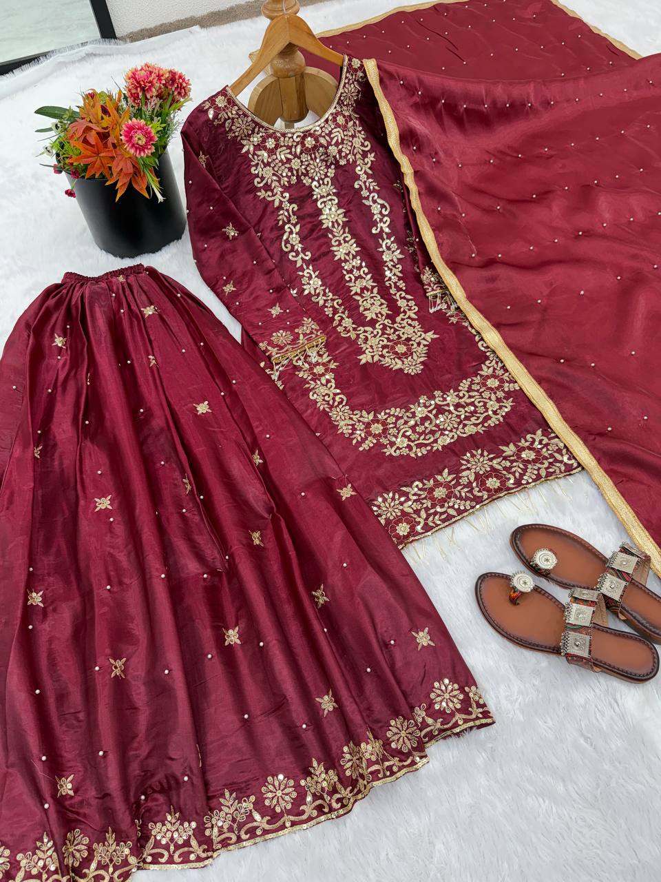 Prazu Fashion Maroon Silk Embroidered With Sequence Sharara Suit | Grocsy