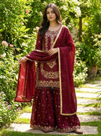Prazu Fashion Maroon Silk Embroidered With Sequence Sharara Suit | Grocsy