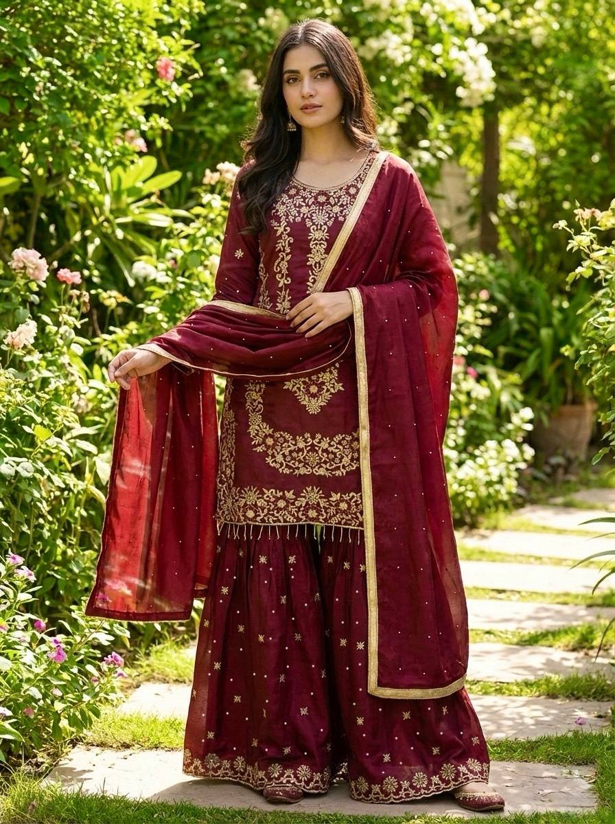 Prazu Fashion Maroon Silk Embroidered With Sequence Sharara Suit | Grocsy