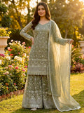 Prazu Fashion Olive Green Pure Jimmy Silk Embroidered With Sequins Sharara Suit | Grocsy