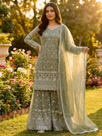 Prazu Fashion Olive Green Pure Jimmy Silk Embroidered With Sequins Sharara Suit | Grocsy