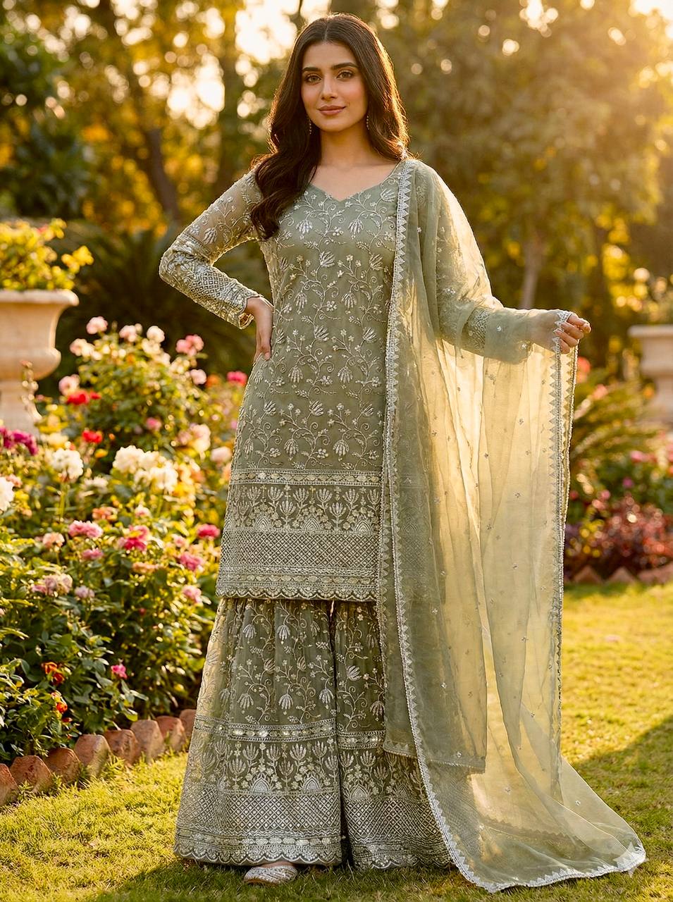 Prazu Fashion Olive Green Pure Jimmy Silk Embroidered With Sequins Sharara Suit | Grocsy