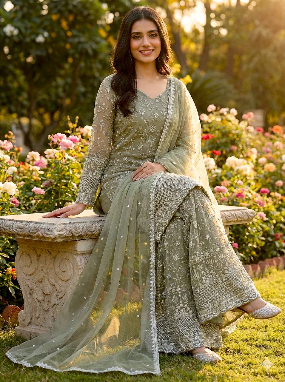 Prazu Fashion Olive Green Pure Jimmy Silk Embroidered With Sequins Sharara Suit | Grocsy