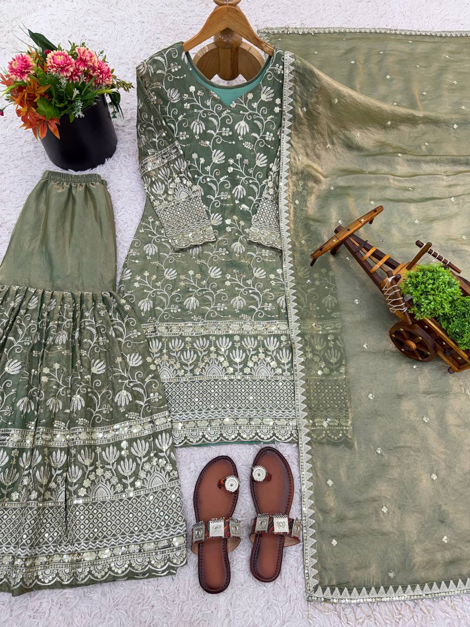 Prazu Fashion Olive Green Pure Jimmy Silk Embroidered With Sequins Sharara Suit | Grocsy