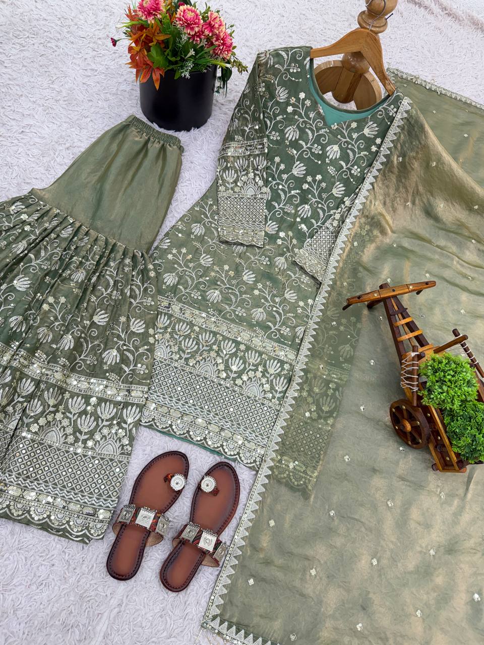 Prazu Fashion Olive Green Pure Jimmy Silk Embroidered With Sequins Sharara Suit | Grocsy