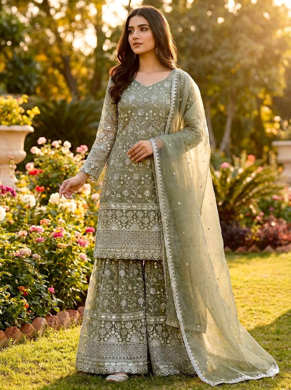 Prazu Fashion Olive Green Pure Jimmy Silk Embroidered With Sequins Sharara Suit | Grocsy