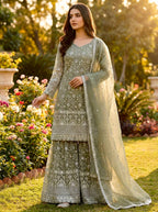 Prazu Fashion Olive Green Pure Jimmy Silk Embroidered With Sequins Sharara Suit | Grocsy