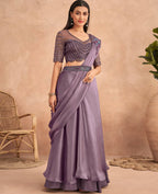 Purple Satin Embroidered Ready To Wear Saree With Unstitched Blouse Piece - Nandika | Grocsy